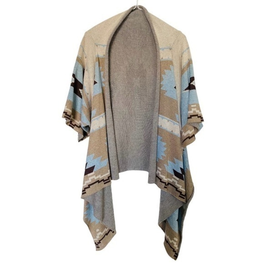 Soft Surroundings Tan & Blue Aztec Southwest Themed Sweater Poncho
